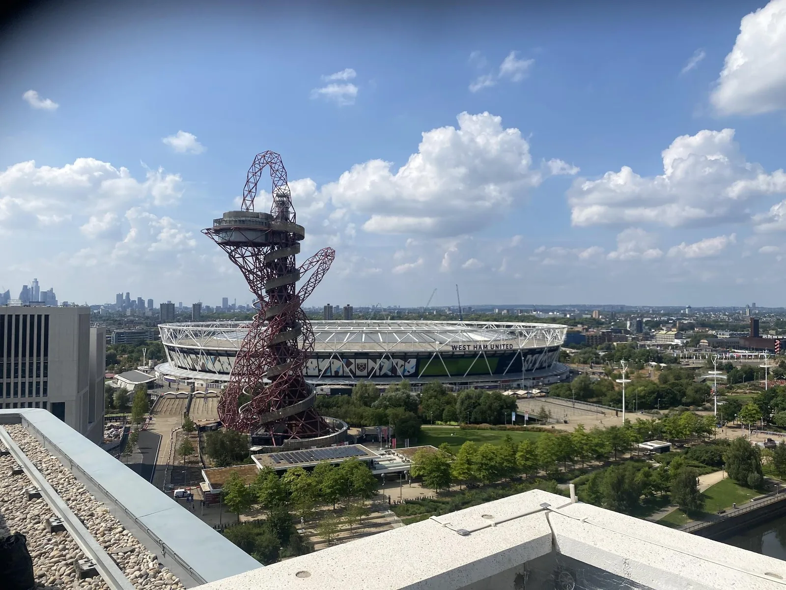 Rooftop view over the London Olympic Park and West Ham stadium